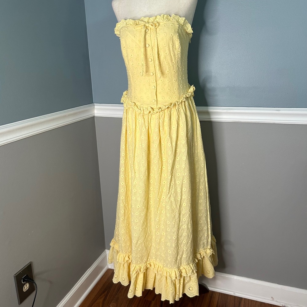 Altar'd State Yellow Eyelet Strapless Maxi Dress Smocked Ruffle ASWD-261-009 L - Picture 1 of 11